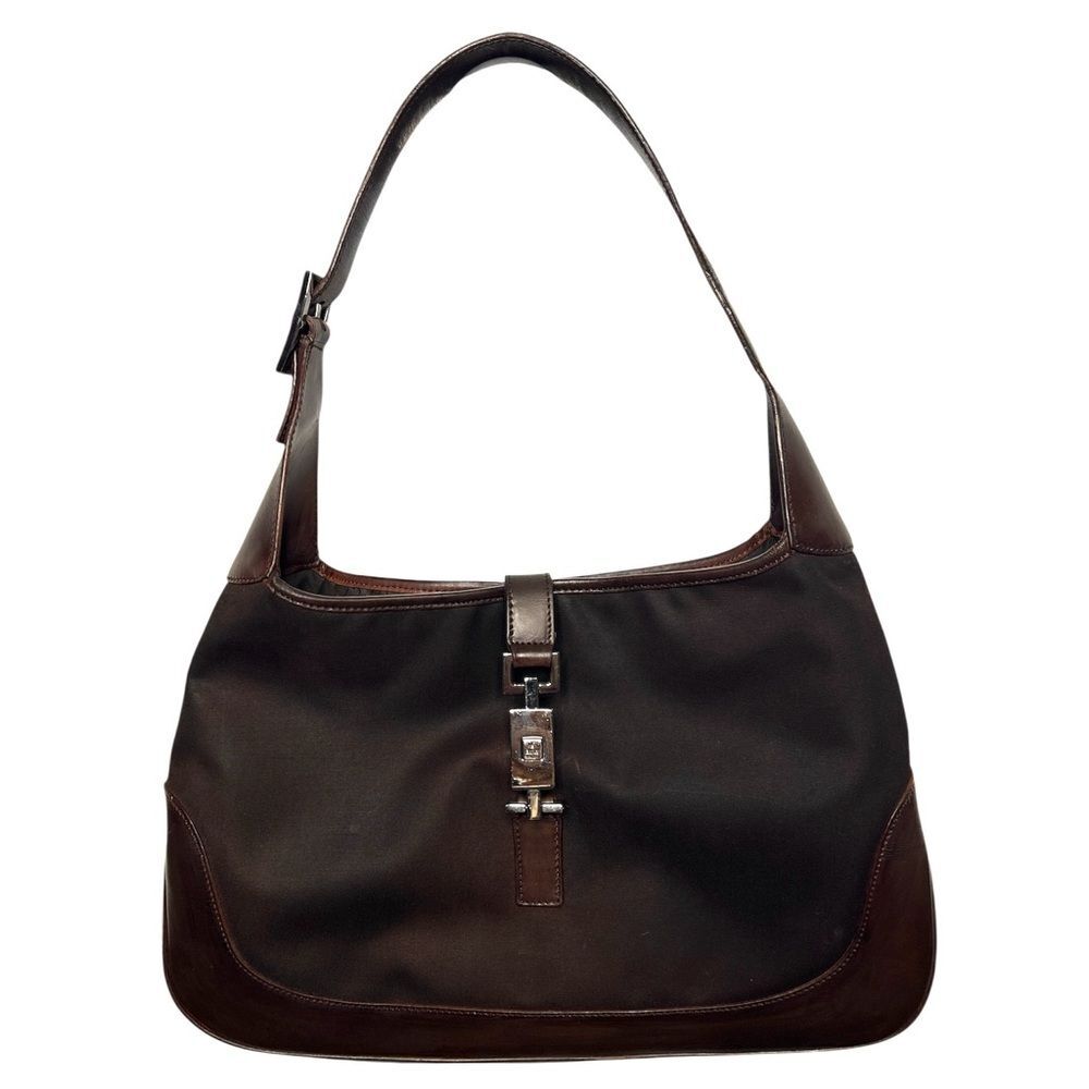 GUCCI Jackie 1961 Dark Brown Leather Cloth Shoulder Bag Handbag Vintage Purse